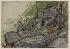 Woodland Boulders, ca. 1877-78 (wc over grafit på tekstureret vævet papir) af William Trost Richards
